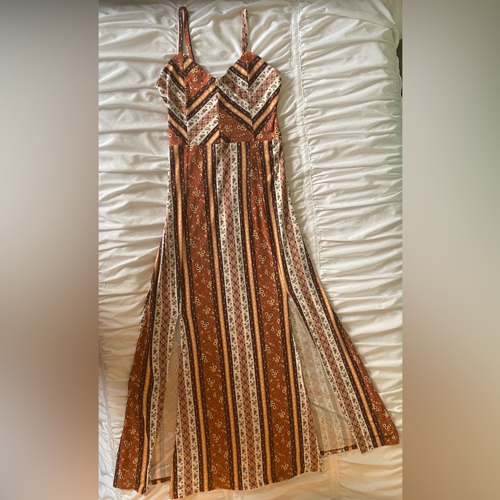 Bohemian Striped Maxi Dress in Brown and Cream